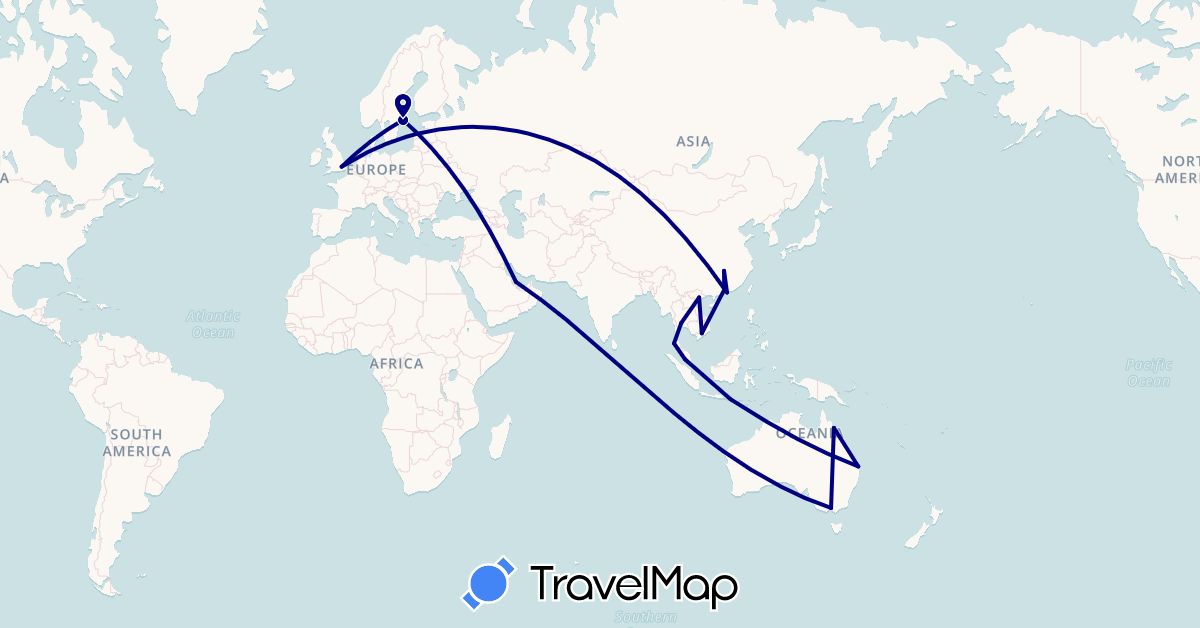 TravelMap itinerary: driving in Australia, China, United Kingdom, Hong Kong, Indonesia, Malaysia, Qatar, Sweden, Thailand, Vietnam (Asia, Europe, Oceania)