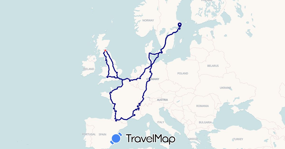 TravelMap itinerary: driving, hiking in Belgium, Germany, France, United Kingdom, Sweden (Europe)